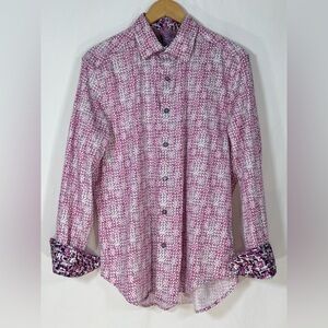 Robert Graham Betts Pink White Print Flip Cuff Stretch Shirt Large Classic Geo